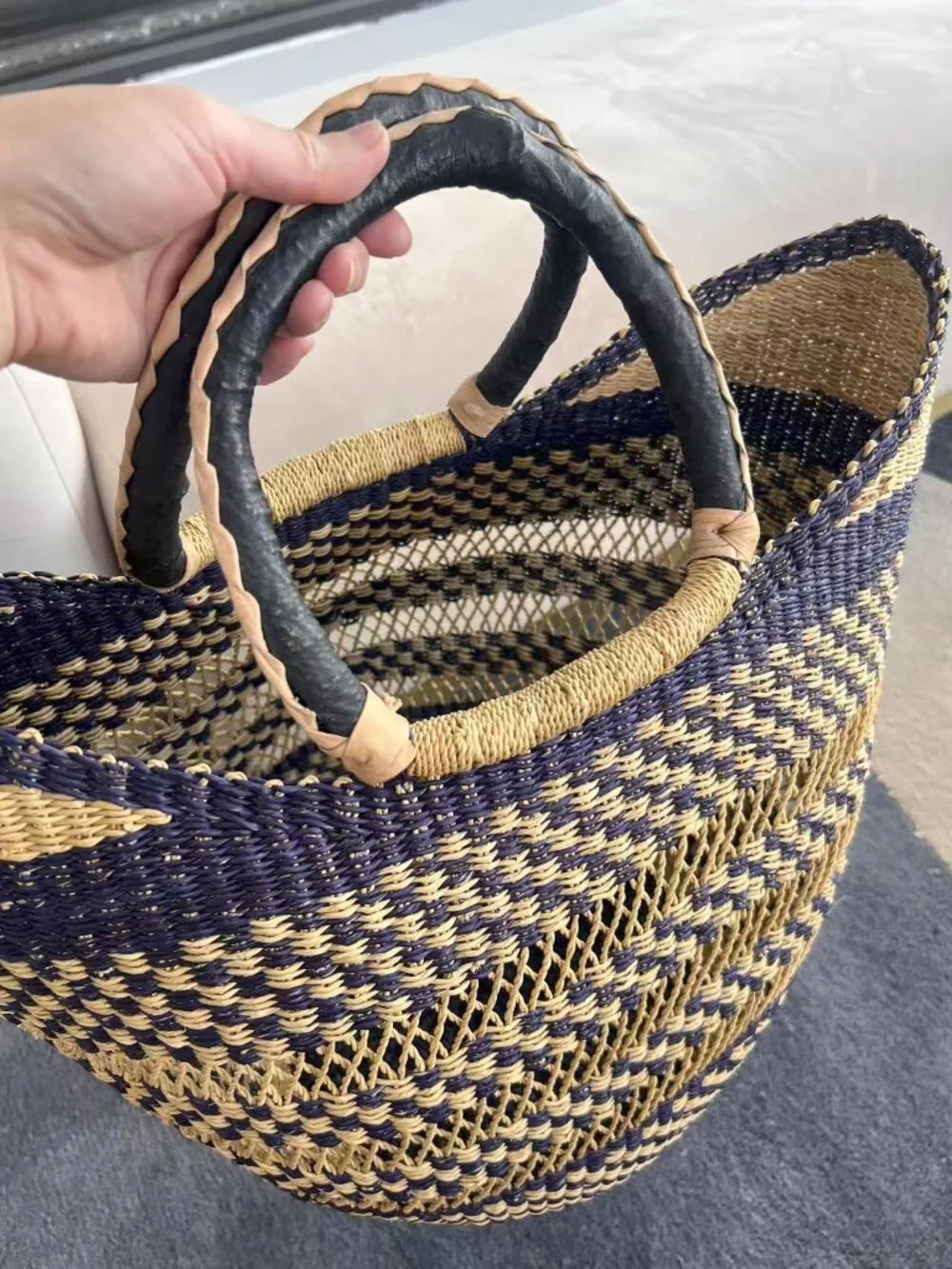 Brand New Bolga Large Handwoven Ghanaian Straw Market Tote Basket – Navy